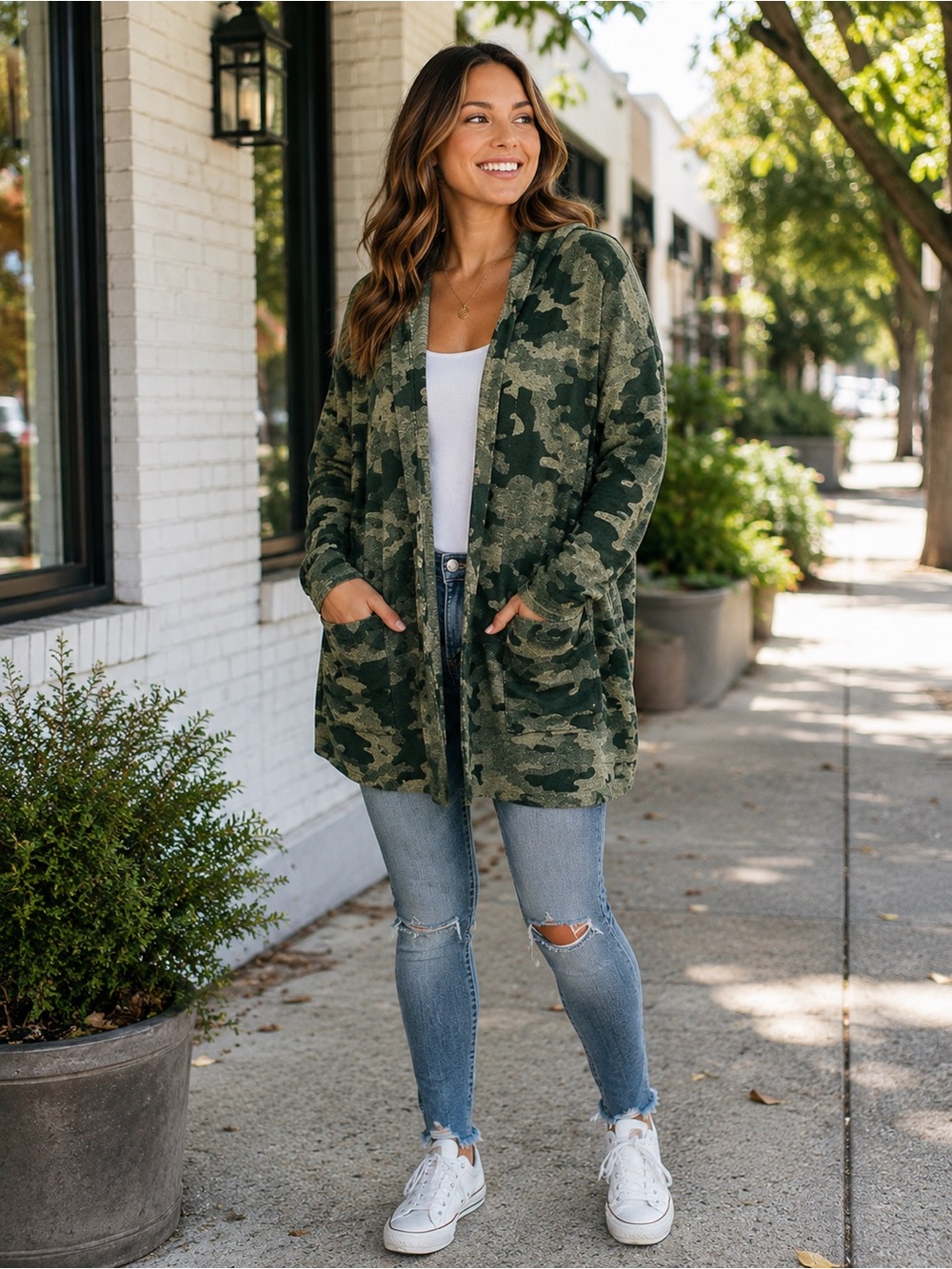 LuLaRoe Cozy Collection Mackenzie Camo Hooded Cardigan Jacket Olive Green Large